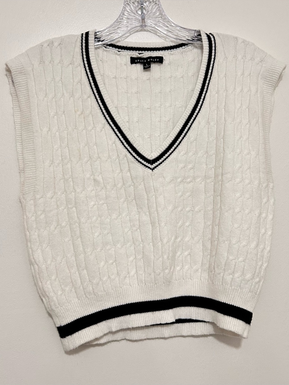 Light Academia White Cable Knit Varsity Sweater Vest Cropped V-Neck Preppy Large